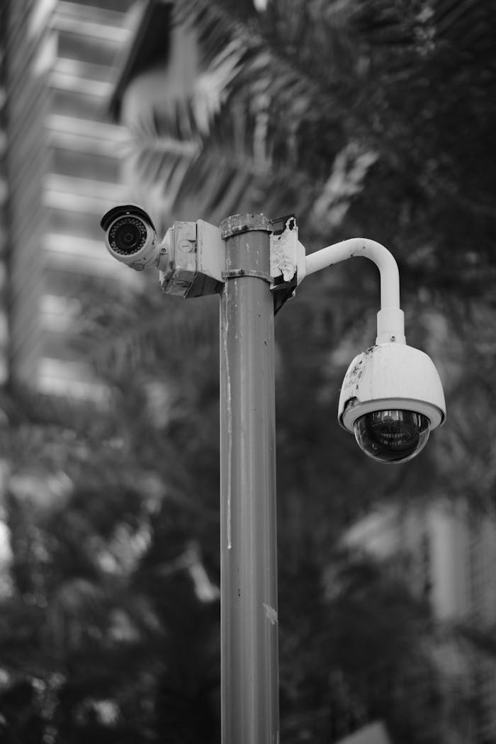 who-we-are Black and white photo of security cameras on a pole in downtown Qatar.